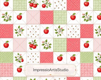Apple Patchwork Seamless Pattern, Farmhouse Quilt Fabric Design, Cottagecore Apple Blossom Digital Paper