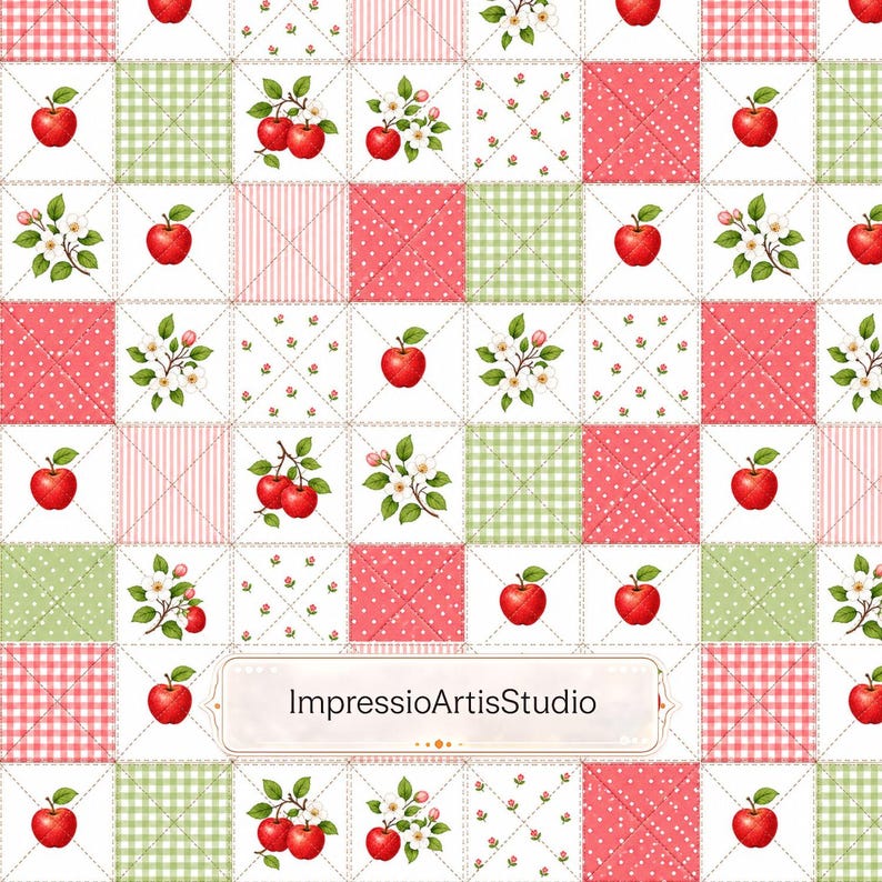 Puede incluir: Un patr&oacute;n repetitivo de bloques de edred&oacute;n cuadrados con manzanas rojas, flores de manzano blancas, cuadros vichy verdes, lunares rojos y rayas rojas. El dise&ntilde;o incluye una etiqueta rectangular central con el texto ImpressioArtisStudio.