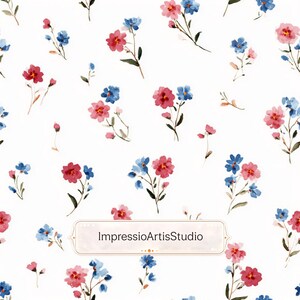 Pode incluir: Padrão floral em aquarela com flores vermelhas e azuis sobre fundo branco. As flores, de vários tamanhos, são dispostas com caules verdes. O texto "ImpressioArtisStudio" é exibido em uma faixa retangular.