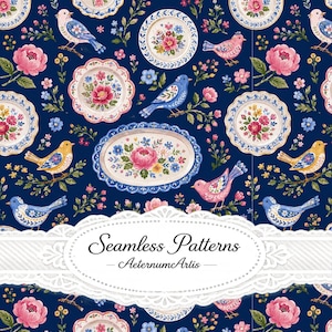 Pode incluir: Um padrão sem costuras azul-escuro com ilustrações de pássaros amarelos, azuis e cor-de-rosa, intercalados com pratos florais e pequenos ramos de flores. Uma etiqueta decorativa branca no centro exibe o texto Seamless Patterns AeternumArlis.