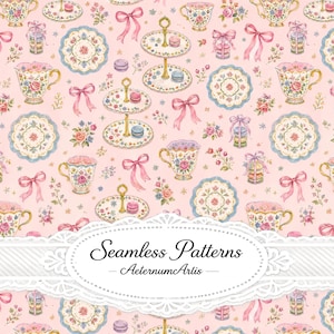 Pode incluir: Um padrão repetitivo num fundo rosa claro com ilustrações de chávenas de chá florais, suportes para sobremesas de vários níveis com macarons, pratos recortados e laços cor-de-rosa. Uma etiqueta decorativa branca exibe o texto Seamless Patterns AeternumArtis.