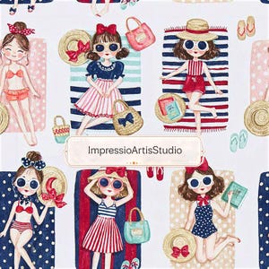 May include: A repeating pattern featuring cartoon illustrations of girls in swimwear and sunglasses relaxing on beach towels. The illustrations include beach bags, sun hats, and books. The text "ImpressioArtisStudio" is also present.