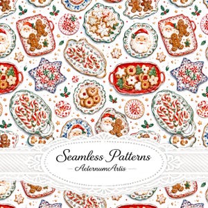 May include: A seamless pattern featuring watercolor illustrations of Christmas treats on white plates, including gingerbread cookies, candy canes, Santa Claus faces, and star-shaped cookies, with small holly leaves scattered throughout the design.
