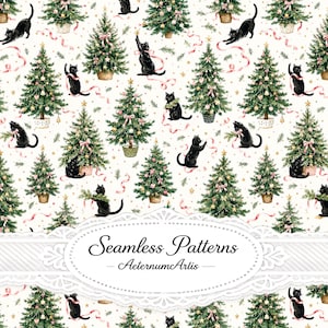 Pode incluir: Um padrão contínuo com ilustrações em aguarela de árvores de Natal decoradas e gatos pretos sobre um fundo branco. As árvores estão adornadas com fitas cor-de-rosa, ornamentos dourados e estrelas. Os gatos brincam com fitas e ramos. O texto diz Seamless Patterns AeternumArtis.