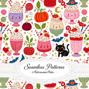 Cute Halloween Milkshake Seamless Pattern, Kawaii Pumpkin Cat Fabric Design, Whimsical Autumn Dessert Digital Paper, Fall Repeat Pattern