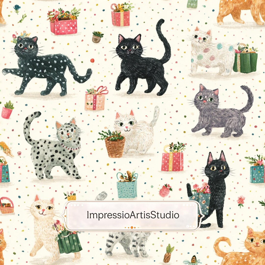 Whimsical Cat Seamless Pattern, Cute Cats Repeat Pattern, Floral Gift ...