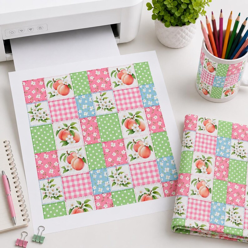 Op de afbeelding: Een bedrukt vel en een gevouwen stuk stof met een patchworkpatroon van perziken, witte bloesems, roze gingham en groene stippen. Het ontwerp bevat een witte printer, een mok gevuld met kleurpotloden en een spiraalblok.