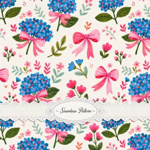 Blue Hydrangea Bow Seamless Pattern, Pink Floral Digital Paper, Cottagecore Fabric Print, Watercolor Flowers, 300 DPI JPG