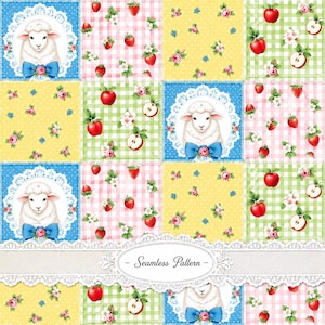 Pode incluir: Um padrão contínuo com uma grade de quadrados ilustrando ovelhas brancas com laços azuis, morangos vermelhos, xadrez vichy verde e branco, fundos amarelos com pequenas rosas cor-de-rosa e uma faixa central com o texto Seamless Pattern.
