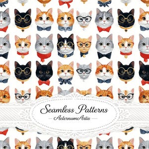 Pode incluir: Um padrão repetitivo de rostos de gatos num fundo branco. Os gatos apresentam várias cores de pelo, incluindo laranja, cinzento e preto, alguns com óculos, laços ou coleiras. Uma etiqueta oval branca com o texto Seamless Patterns AeternumArtis.