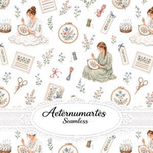 Embroidery Girls Seamless Pattern, Floral Needlework Fabric Design, Cottagecore Embroidery Digital Paper