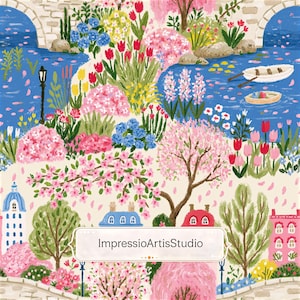 Puede incluir: Ilustración colorida de una escena de jardín con un puente, un río y edificios. La obra presenta flores rosas, rojas, amarillas y azules, con dos pequeños botes en el agua. El texto "ImpressioArtisStudio" se muestra en una pancarta blanca.