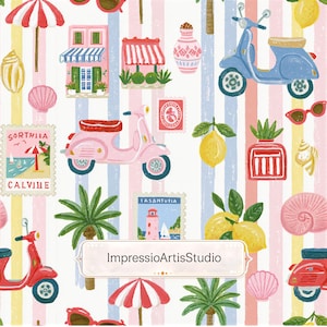 Puede incluir: Un patrón caprichoso con ilustraciones de scooters rosas y azules, limones, conchas marinas, sellos y edificios con toldos a rayas. El diseño incluye el texto "ImpressioArtisStudio" en una pancarta blanca, sobre un fondo de rayas verticales coloridas.