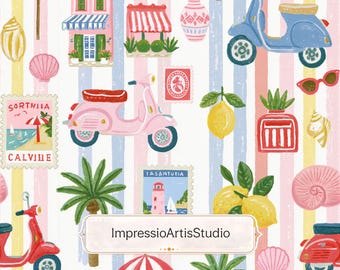 Italian Coastal Summer Seamless Pattern, Vespa Lemon Stripe Print, Mediterranean Travel Repeat Pattern, La Dolce Vita Fabric Design