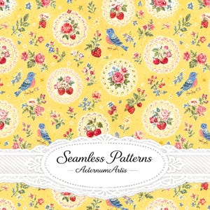 Gul jordgubbsfågel sömlöst mönster, Cottagecore blommigt tyg, vintageinspirerad jordgubbsupprepning, vårträdgårdstapet, digitalt