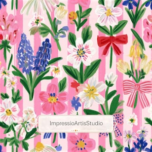 Pode incluir: Um padrão floral com flores rosa, brancas, azuis e amarelas sobre um fundo de listras rosa. O design inclui diversas flores, folhas verdes e laços vermelhos. O texto "ImpressioArtisStudio" está presente.