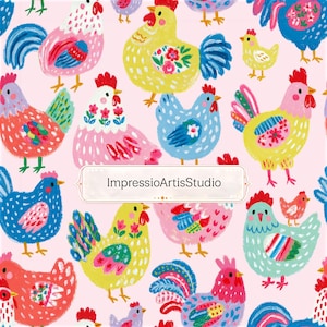 May include: A repeating pattern of colorful chickens in various poses on a light pink background. The chickens are in shades of yellow, blue, pink, and red, with floral and geometric designs. The text "ImpressioArtisStudio" is in a white banner.