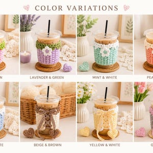 May include: A collection of eight crochet cup sleeves displayed in a grid, each featuring unique color combinations like pink and green, lavender and green, mint and white, peach and cream, blue and white, beige and brown, yellow and white, and gray and pink.