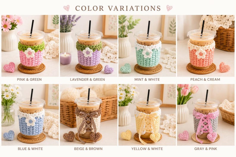 May include: A collection of eight crochet cup sleeves displayed in a grid, each featuring unique color combinations like pink and green, lavender and green, mint and white, peach and cream, blue and white, beige and brown, yellow and white, and gray and pink.