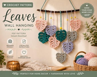 Crochet Monstera leaf Pattern, Monstera Tutorial, DIY Crochet Hanging, Crochet Leaf Pattern, Tropical Tapestry, Crochet Candle Mat