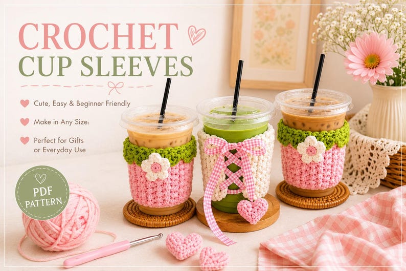 May include: Three crochet cup sleeves in pink, white, and green, each featuring floral or ribbon accents. The image includes text reading CROCHET CUP SLEEVES, a pink yarn ball, a crochet hook, and two small pink crochet hearts on a light surface.