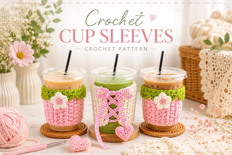 May include: Three clear plastic cups with black straws, each wearing a handmade crochet sleeve. Two sleeves are pink with green tops and white flower accents. The center sleeve is cream-colored with a pink gingham ribbon lace-up and heart charm.