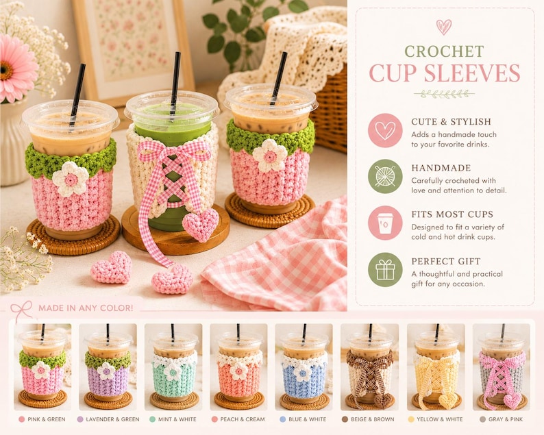 May include: Three clear plastic cups with iced beverages, each wearing a crocheted cup sleeve. The sleeves feature pink, green, and cream yarn, with decorative crochet flowers and a pink gingham ribbon lace-up design with heart-shaped ends.