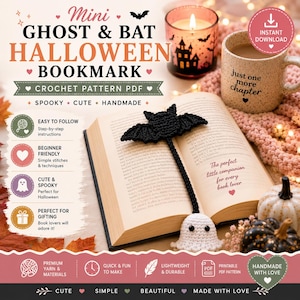 Può includere: Un modello di uncinetto in PDF per un segnalibro di Halloween a forma di mini fantasma e pipistrello. L'immagine mostra un pipistrello nero e un fantasma bianco all'uncinetto su un libro aperto, accanto a una tazza con il testo Just one more chapter.