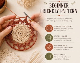Crochet Dreamcatcher Pattern PDF | Boho Mandala Wall Hanging DIY | Crochet Dream Catcher Diagram, Suncatcher Home Decor Tutorial