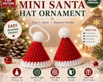 Mini Santa Hat Crochet Pattern, Amigurumi Ornament PDF, Tiny Santa Hat Ornament, Christmas Tree Ornament, Miniature Santa Hat for Doll