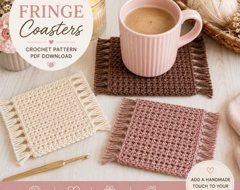 Crochet Mug Rug Pattern PDF  Easy Crochet Coaster & Coffee Cup Mat  Boho Fringe Coaster  Scrap Yarn Project  Instant Download