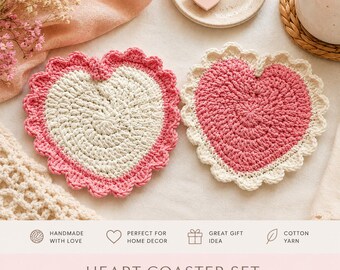Crochet Heart Coaster Pattern, Pink Heart Mug Rug, Cute Handmade Coaster PDF, Valentine Table Decor, Easy Crochet Cup Mat, Gift for Her