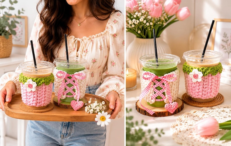 May include: Two clear plastic iced coffee cups featuring handmade crochet sleeves. One sleeve is pink with a white flower, and the other is cream-colored with a pink gingham ribbon lace-up detail and a small dangling pink heart charm.