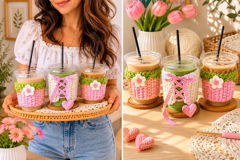 May include: Three clear plastic iced coffee cups featuring handmade crochet sleeves in pink and green with white flower accents. One sleeve includes a white crochet panel with a pink gingham ribbon lace-up detail and a small hanging pink heart.