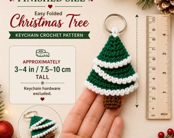 Easy Folded Christmas Tree Keychain Crochet Pattern, Flat Amigurumi Tree PDF, No Sew Bag Charm, Mini Bobble Stitch Xmas Tree Ornament