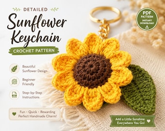 Easy Crochet Sunflower Keychain Pattern | Amigurumi Sunflower Keyring PDF | Crochet Flower Bag Charm, Daisy Keychain Tutorial