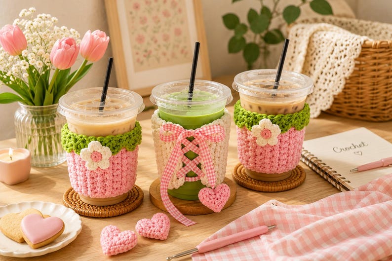 May include: Three clear plastic iced beverage cups with black straws, each featuring a handmade crochet cozy. Two cozies are pink with green scalloped tops and white flower appliqu&eacute;s. The center cozy is cream-colored with a pink gingham ribbon lace-up.