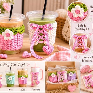 May include: Two crochet cup sleeves in pink and white with green accents, featuring a flower applique and a pink gingham ribbon lace-up design. The set includes various styles shown on different cup sizes, a gift box, and small heart-shaped crochet pieces.