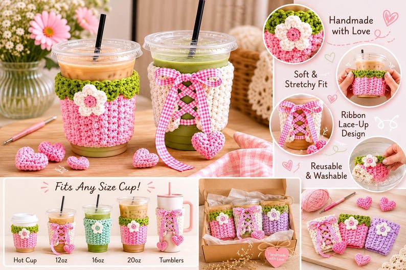 May include: Two crochet cup sleeves in pink and white with green accents, featuring a flower applique and a pink gingham ribbon lace-up design. The set includes various styles shown on different cup sizes, a gift box, and small heart-shaped crochet pieces.