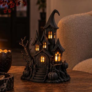 Op de afbeelding: Een zwart, miniatuur spookhuisbeeldje met een puntig dak, boogramen en een voordeur, allemaal van binnenuit verlicht door een warm, gloeiend licht. Het bouwwerk is omringd door gebeeldhouwde pompoenen en een kale, gedraaide boom.