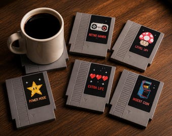 Juego de 5 posavasos con forma de cartucho de videojuegos retro / Posavasos para gamers impresos en 3D / Posavasos con diseño pixel art / Decoración para sala de juegos / Regalo para gamers