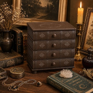 May include: A dark brown, rectangular storage chest with four stacked drawers, each featuring a small round knob and ornate metal filigree accents. The chest is designed to resemble a stack of antique books with textured spines and edges.