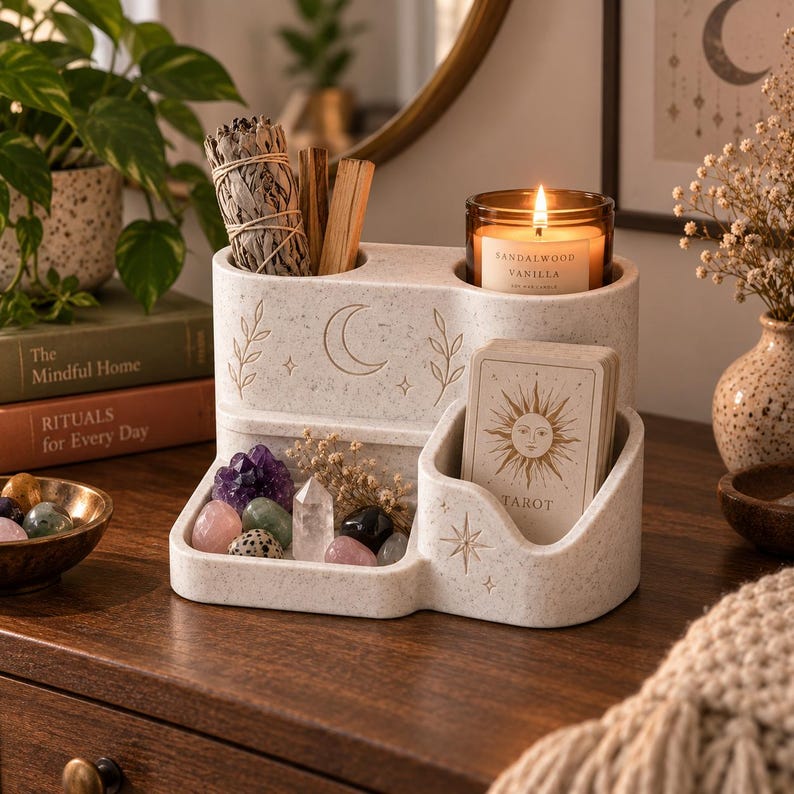 Witchy Altar Organizer – Tarot Card, Crystal, Incense and Candle Holder Tray image 1