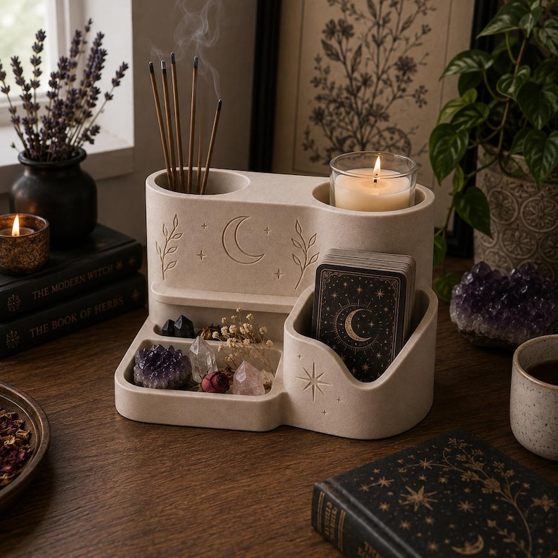 May include: A beige, multi-compartment organizer made of a smooth, matte material. It features etched celestial designs including a crescent moon, stars, and leafy branches. The unit holds incense sticks, a glass candle, and a deck of tarot cards.