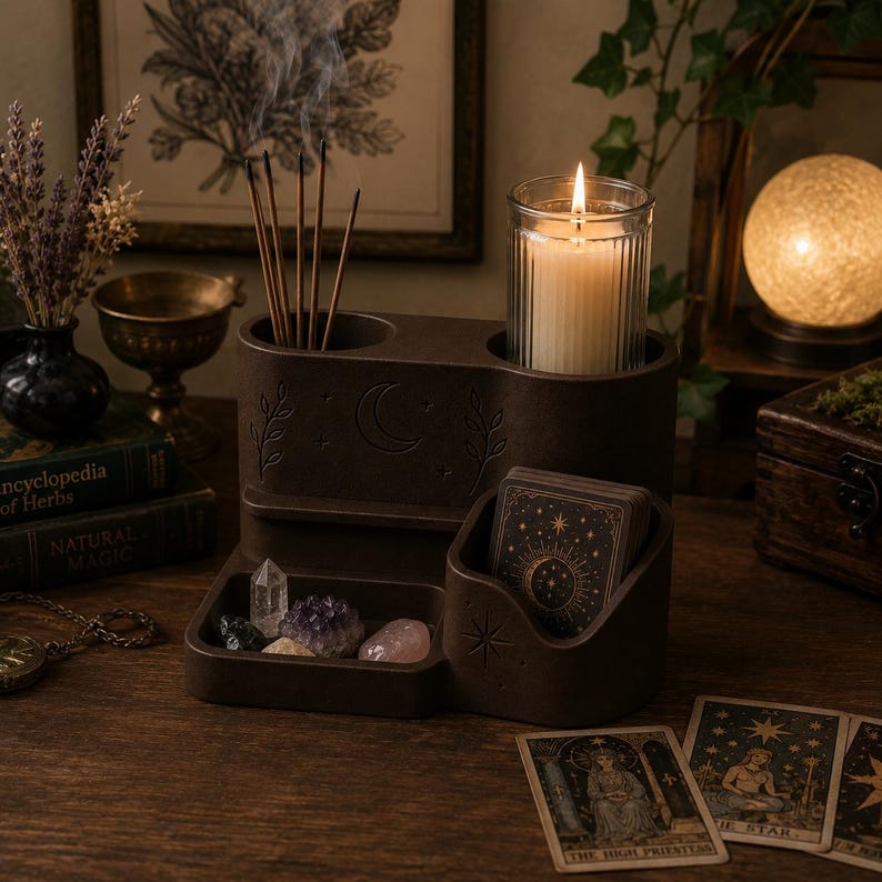 May include: A dark brown, multi-compartment organizer featuring engraved moon, star, and leaf motifs. It holds several incense sticks, a lit candle in a ribbed glass jar, a deck of tarot cards, and a collection of small, assorted crystals.