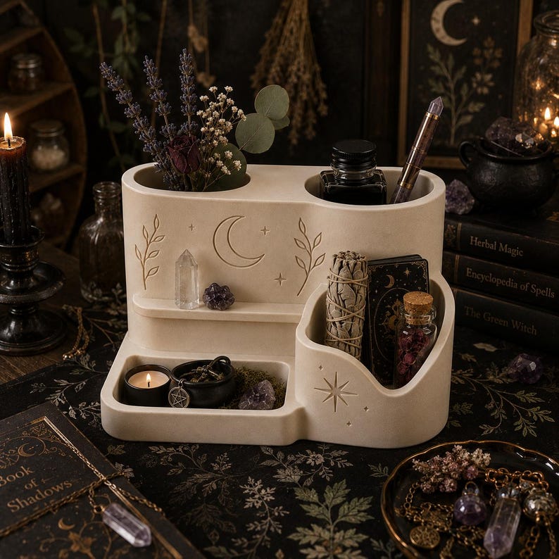 May include: A beige multi-tiered desk organizer featuring engraved celestial motifs including a crescent moon, stars, and leafy branches. The organizer has multiple compartments holding dried flowers, a glass ink bottle, a pen, a sage bundle, and a candle.