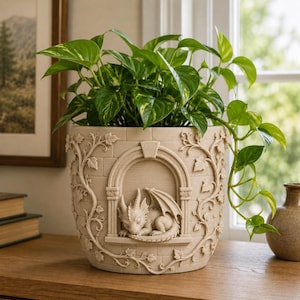 Puede incluir: Una maceta cilíndrica de color beige con un relieve de un dragón durmiendo dentro de un marco de ventana arqueado, rodeado de enredaderas de hiedra. Una planta pothos de hojas verdes en forma de corazón crece en su interior.