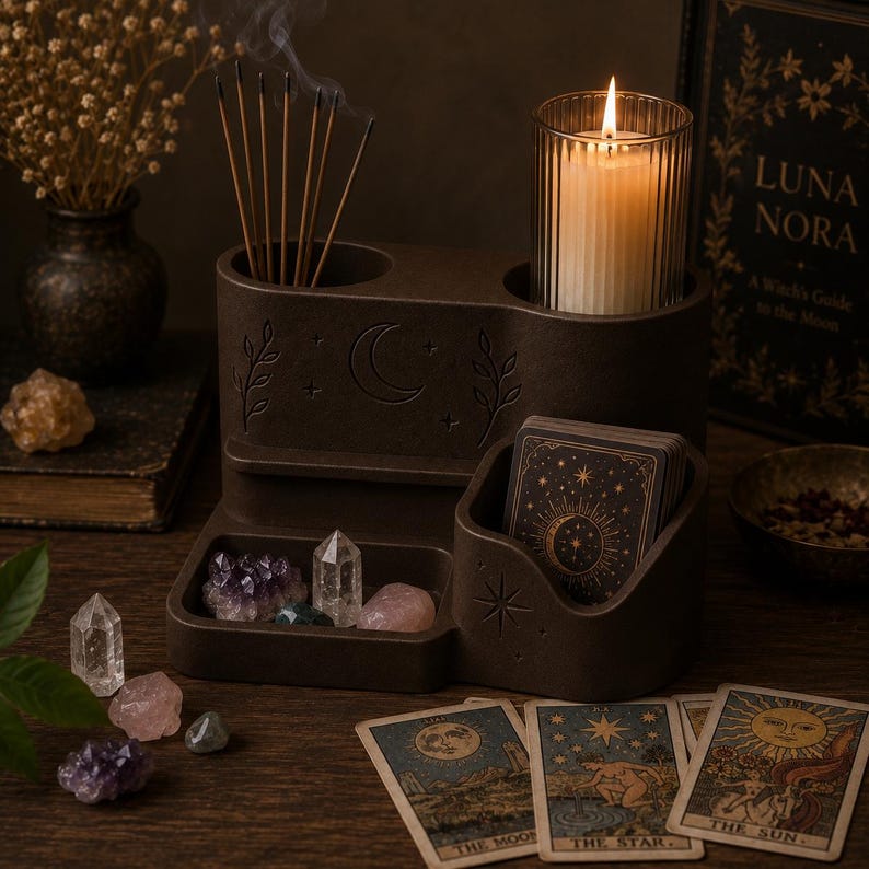 May include: A dark brown multi-functional organizer featuring a crescent moon and leaf engraving. It includes a cylindrical holder for incense sticks, a ribbed glass candle holder with a lit candle, and a compartment for a deck of tarot cards.
