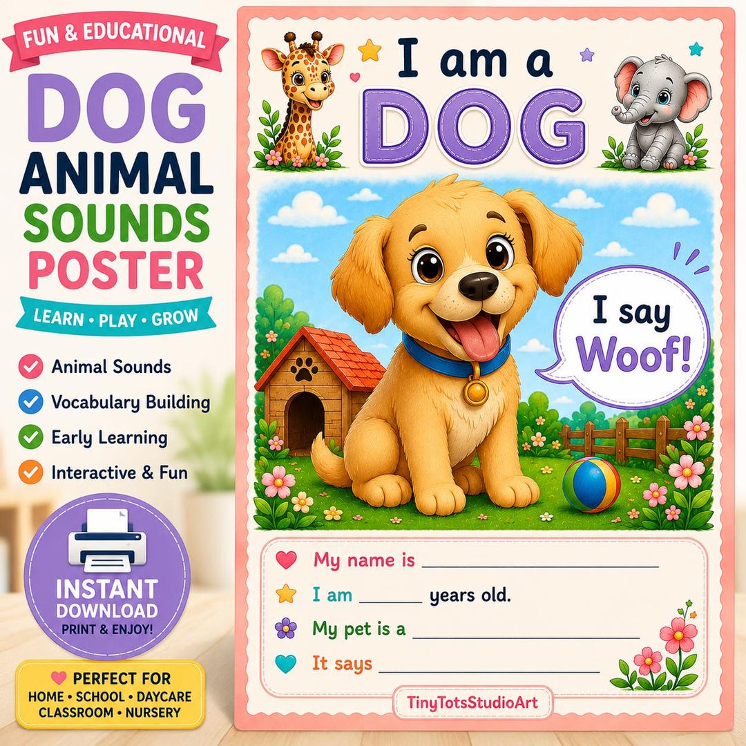 Dog Animal Sounds Poster for Toddlers Puppy Printable Wall Art ...