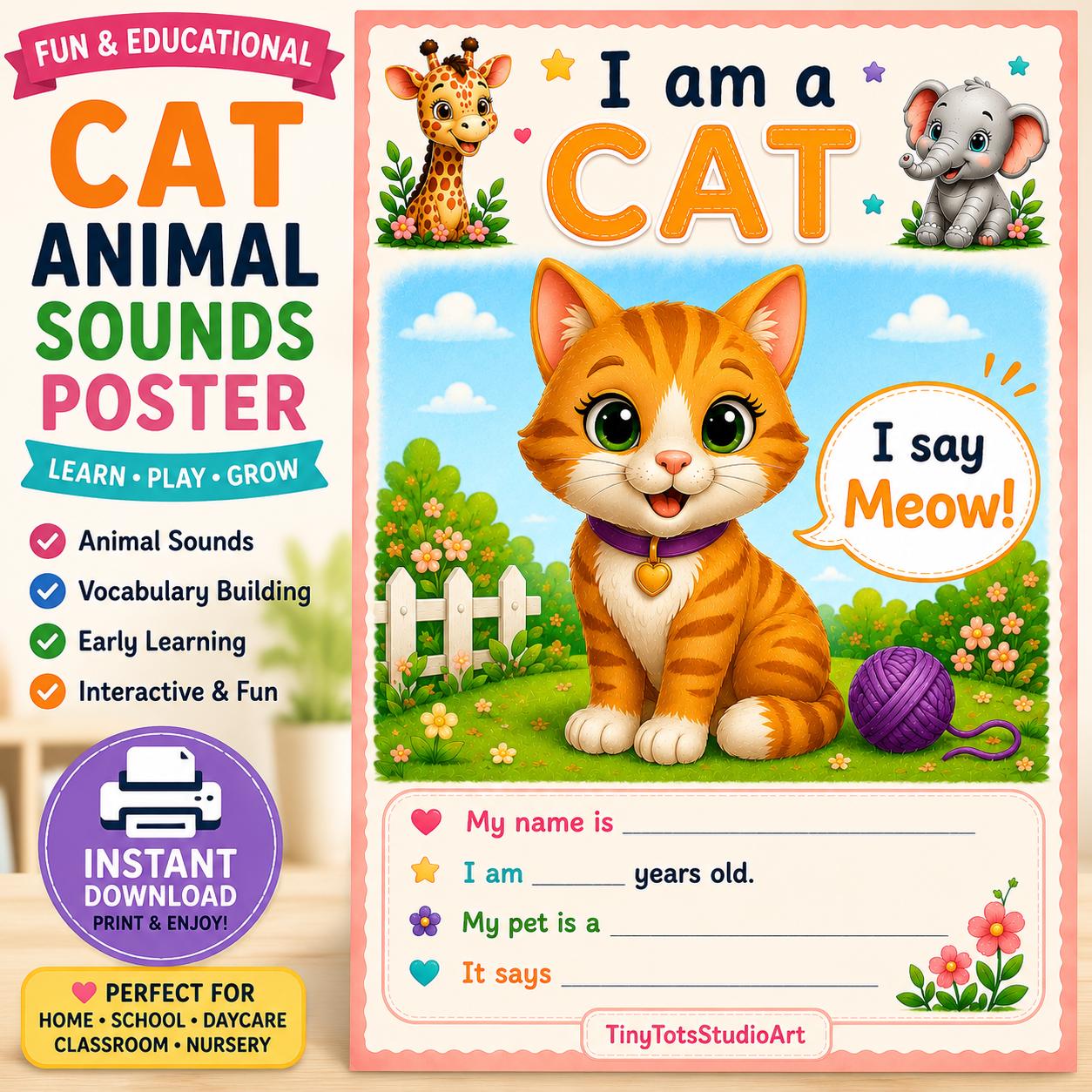 Cat Animal Sounds Poster for Toddlers Kitten Printable Wall Art ...